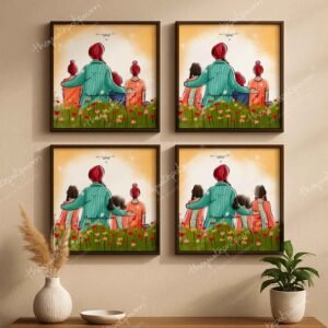 Dad and Kids Artwork | Sikh Art | Punjabi Art | Sikh Home Décor | Sikh Family | Unique Gifts | Gurbani Art | Father's Day